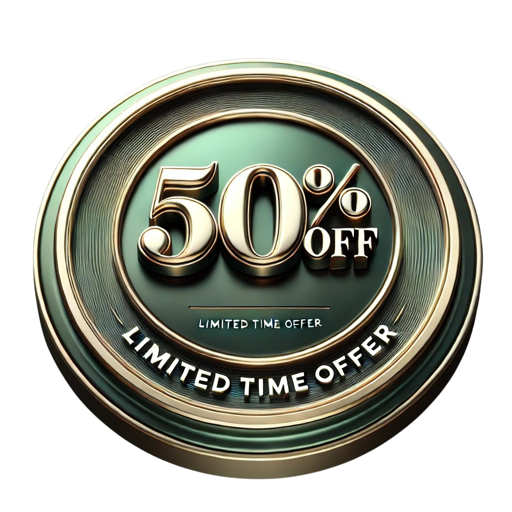 A circular emblem displays "50% off, Limited Time Offer" with a gold and green color scheme.