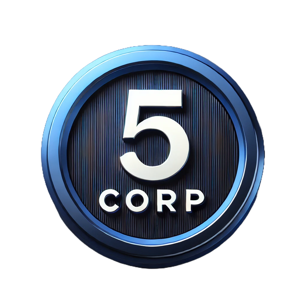 A blue circular emblem with a large white number 5 and the word "CORP" beneath it on a ribbed dark background.