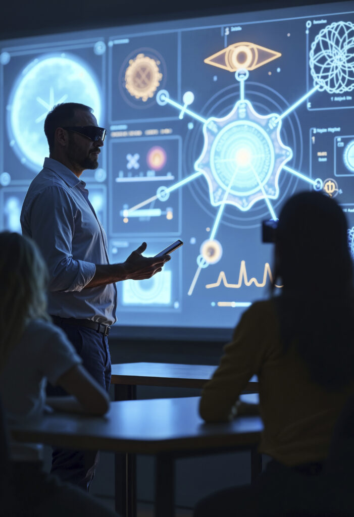 A person stands in front of a large screen displaying futuristic graphics, presenting to an audience in a dimly lit room.