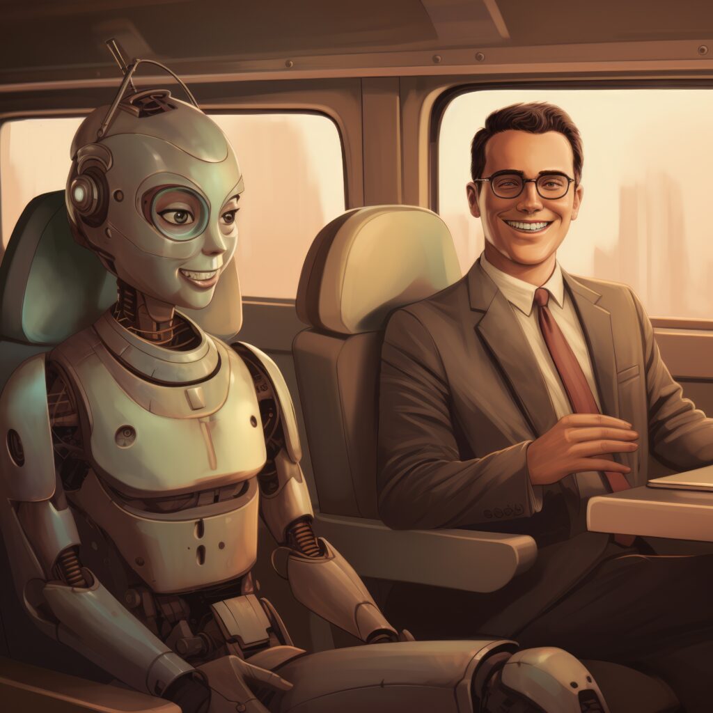 A robot and a man in a suit sit together on a train, smiling and facing forward.