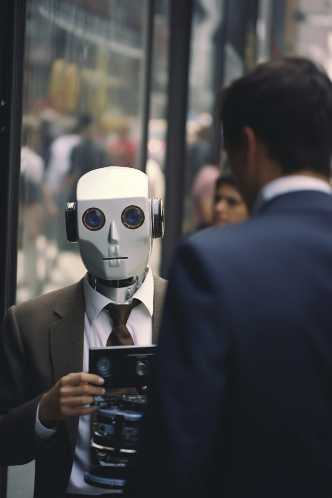 A person wearing a robot mask holds a brochure while talking to another person on a busy street.