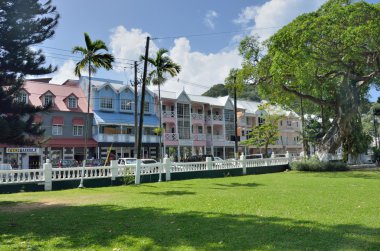 Colorful buildings line a street behind a grassy park with palm trees and a white fence under a clear sky.