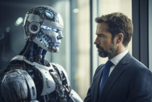 A man in a suit faces a humanoid robot near a window.