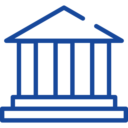 A simple blue line drawing of a classical building with columns and a triangular roof, resembling a bank or government institution.