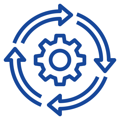 Blue gear icon surrounded by three circular arrows, symbolizing process, workflow, or continuous improvement.