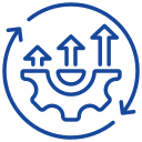 Blue outlined icon of a gear with three upward arrows inside a circular arrow, symbolizing process improvement or productivity growth.