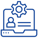 Blue line icon of a laptop displaying a user profile with text lines, and a gear symbol above the screen, representing account settings or profile management.