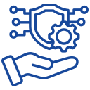 Blue line drawing of a hand holding a shield with a gear and circuit lines, symbolizing cybersecurity or digital protection services.