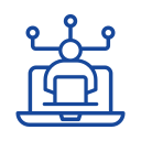 Blue line drawing of a person sitting at a laptop with three connected nodes above their head, symbolizing technology or artificial intelligence.