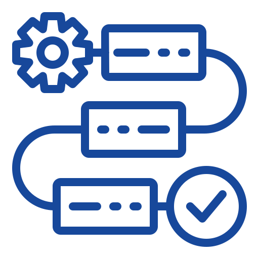 Blue icon showing a gear, three connected rectangular steps, and a checkmark, representing a workflow or process completion.