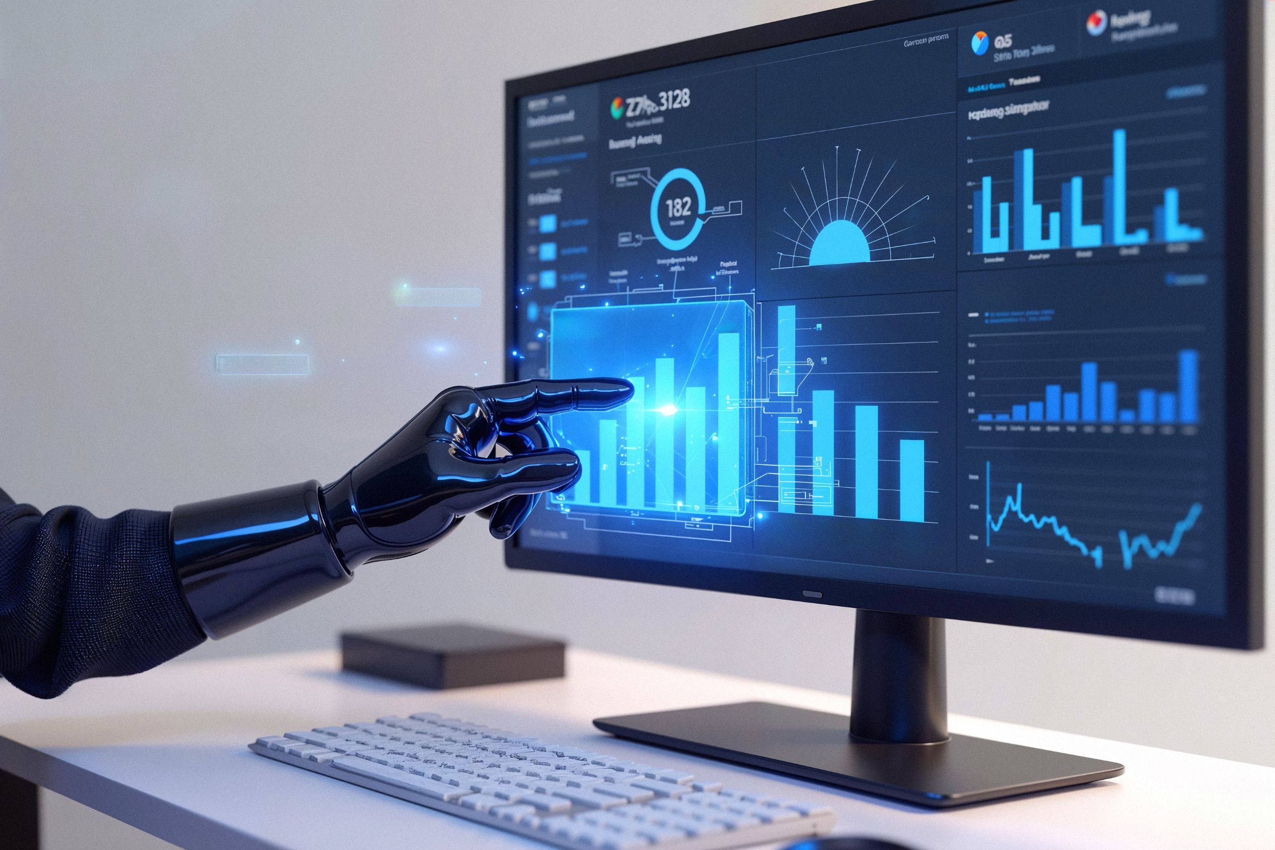 A robotic hand points at data visualizations and bar graphs on a computer monitor, illustrating AI business transformation through advanced digital analytics dashboards.