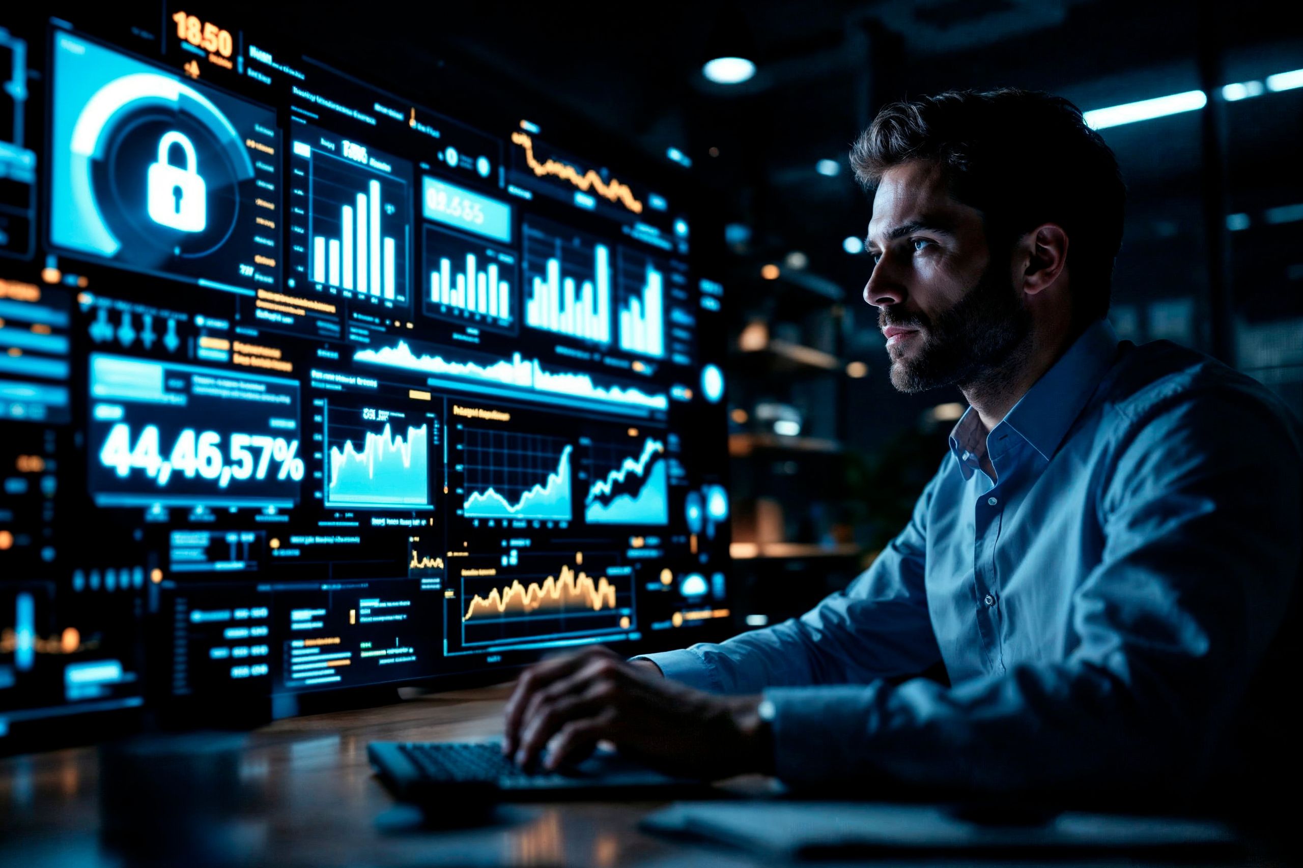 A man in a blue shirt works at a computer, analyzing data and graphs on multiple large digital screens displaying affordable data protection and cybersecurity for SMEs.