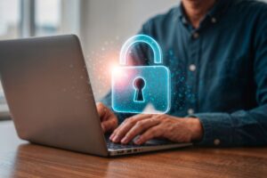 Person typing on a laptop with a glowing digital padlock icon overlay, representing affordable data protection and cybersecurity for SMEs.