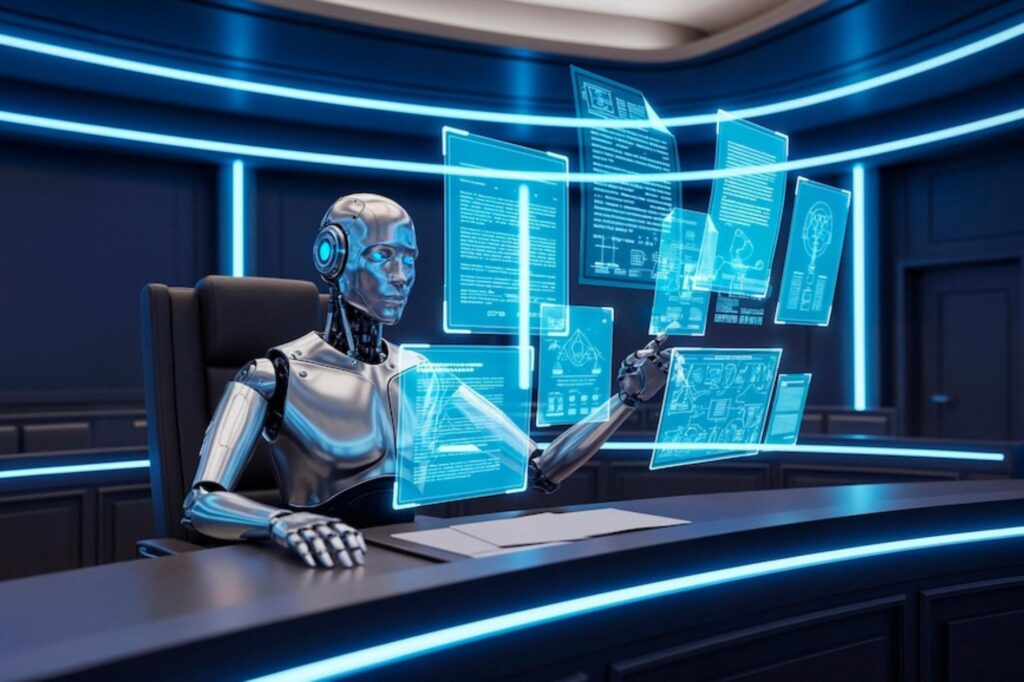 A humanoid robot sits at a desk in a modern room, interacting with floating transparent digital screens powered by predictive AI, displaying various data and diagrams.