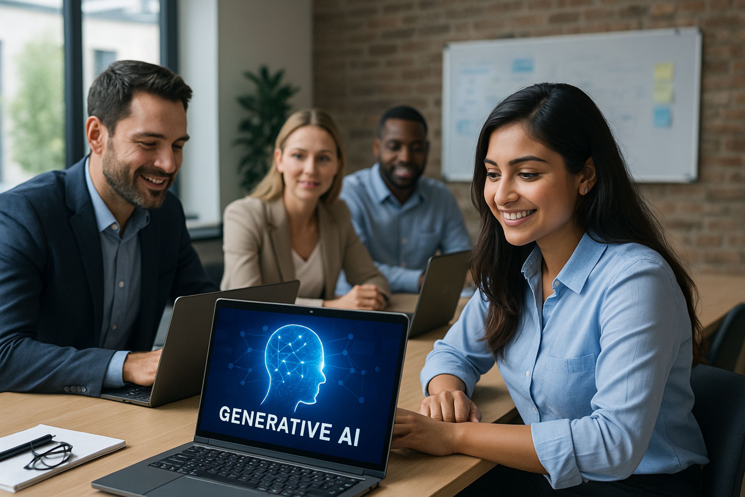 Four people sit at a table with laptops in an office. A woman in the foreground has a laptop displaying an image labeled “Generative AI” with a digital head graphic.