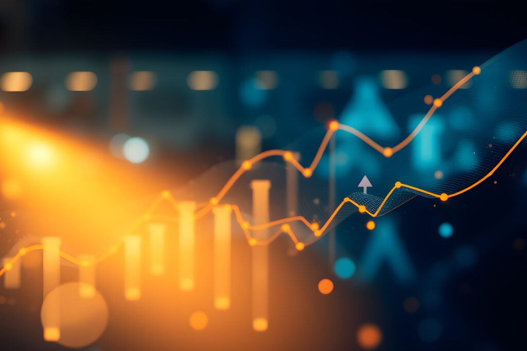 Abstract image of financial data with an upward-trending line graph, bar charts, and glowing light effects representing AI-driven business growth and positive market trends.