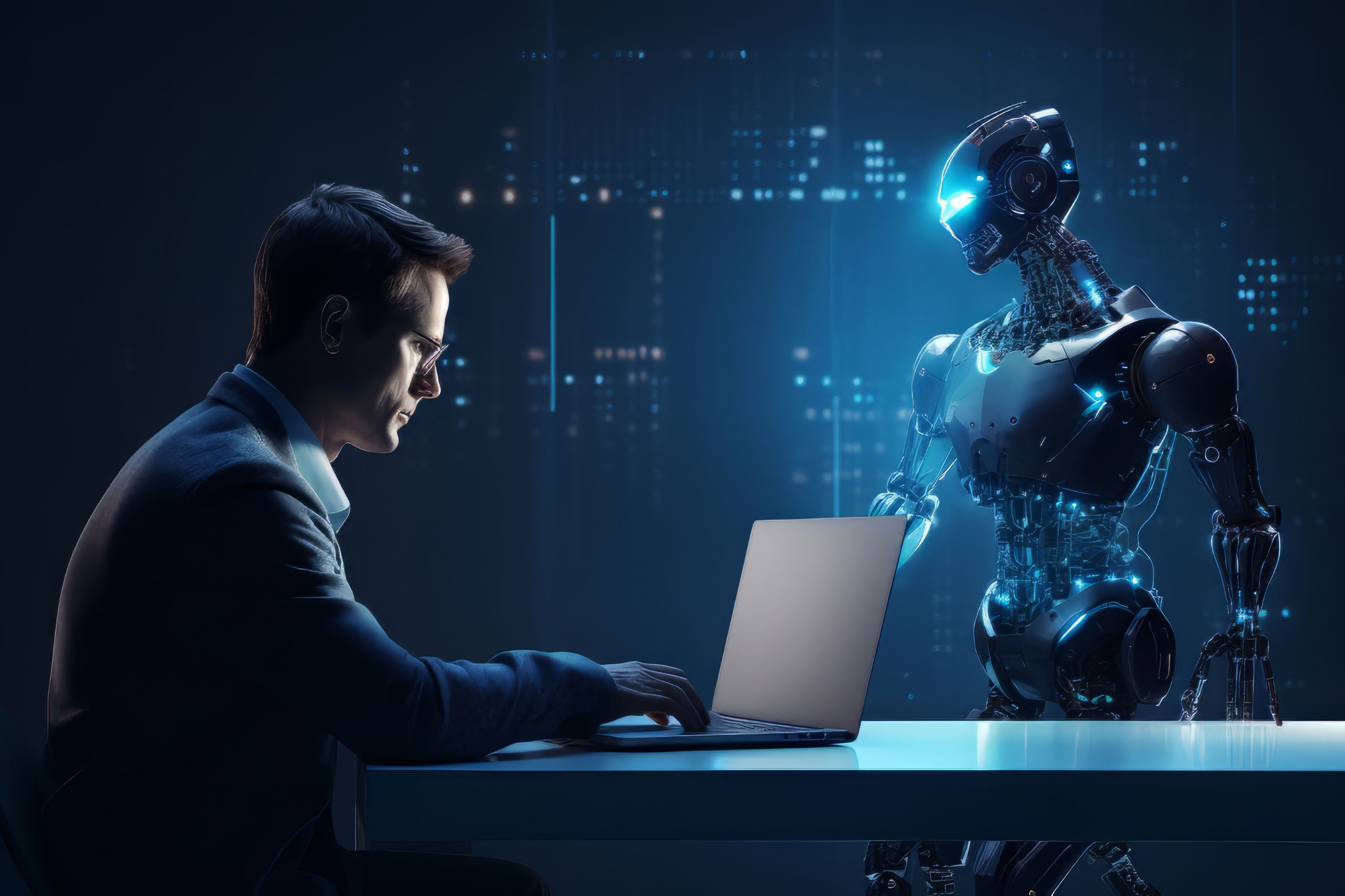 A man works on a laptop at a desk while a humanoid robot with glowing blue lights stands beside him in a futuristic, dimly lit room, illustrating the impact of AI strategy for SMEs.