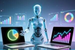 A humanoid robot stands behind two laptops displaying charts, with digital graphs and data visualizations on screens in the background—showcasing predictive AI for SMEs and driving AI-driven business growth.