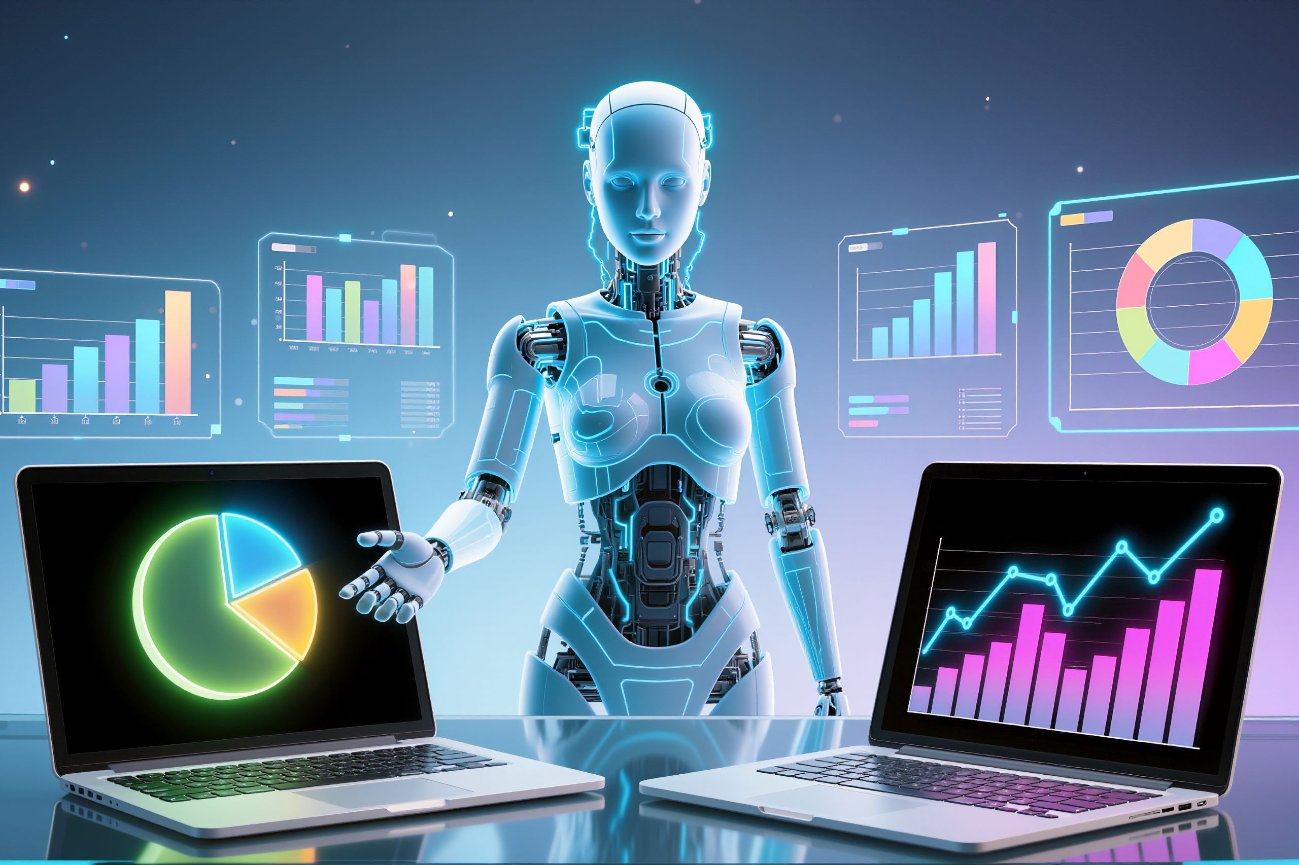 A humanoid robot stands behind two laptops displaying charts, with digital graphs and data visualizations on screens in the background—showcasing predictive AI for SMEs and driving AI-driven business growth.