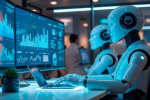 Two humanoid robots operate computers in a modern office, analyzing data visualizations on large screens as part of an AI strategy for SMEs, with a person working in the background.