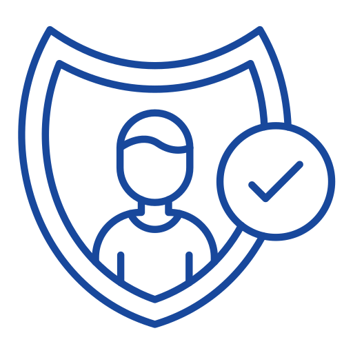 Blue outline icon of a person inside a shield with a checkmark, representing user security or verified protection.