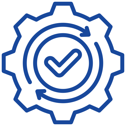 Blue gear icon with a check mark inside a circle and two curved arrows, representing process completion or quality assurance.