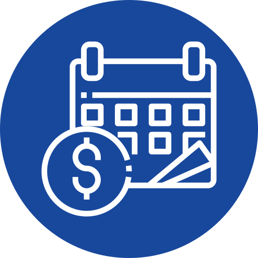 White outline of a calendar and a dollar sign coin on a blue circular background, representing financial planning or scheduled payments.