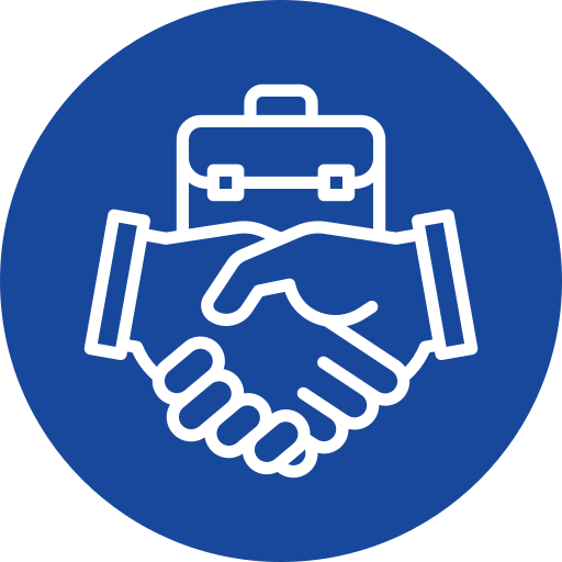 White icon of two hands shaking in front of a briefcase on a blue circular background, representing a business agreement or partnership.