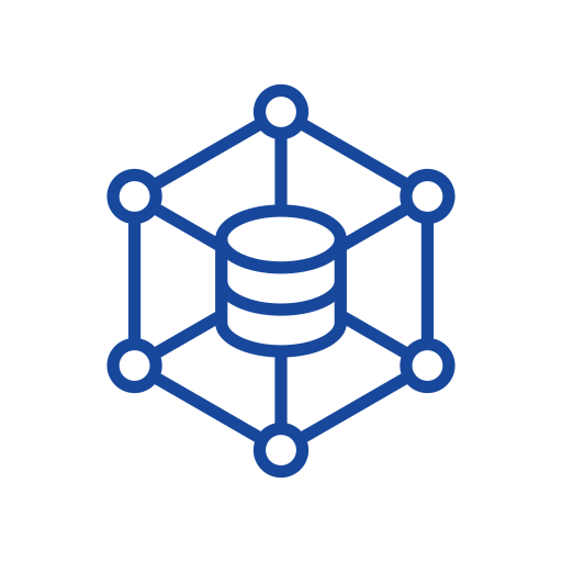 Blue line drawing of a central database cylinder connected to six outer nodes, forming a hexagonal network structure on a white circular background.