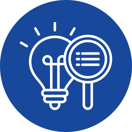White line icon of a light bulb and a magnifying glass with text inside, on a solid blue circular background.