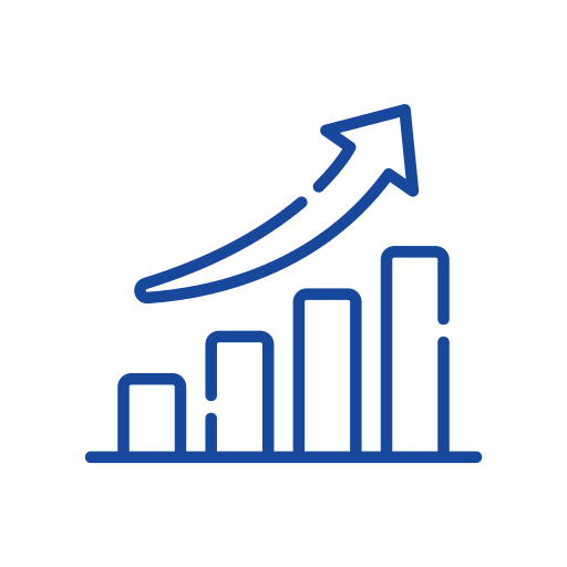 A blue bar chart with four ascending bars and an upward curving arrow above them, indicating growth or progress, on a white circular background.
