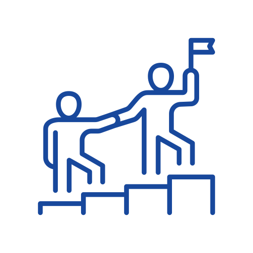 Blue outline icon of one person helping another climb stairs, with the leading person holding a flag.
