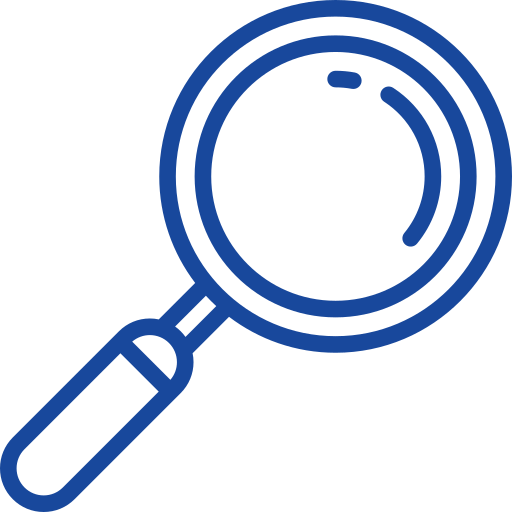 Blue outline icon of a magnifying glass on a light gray background.