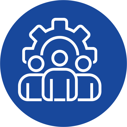 White icon of three people standing in front of a gear, set against a blue circular background, representing teamwork or collaboration.