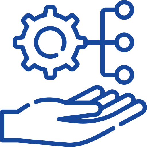 Icon of a hand holding a gear connected to three nodes, symbolizing technology management or process control.