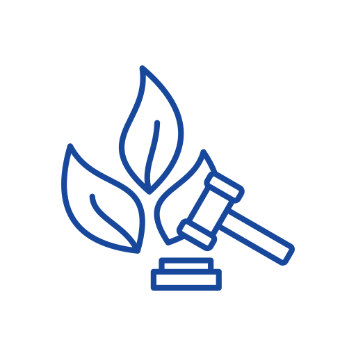 Blue outline icon of a judge’s gavel next to two leaves, symbolizing environmental law or eco-friendly legal regulations, on a white circular background.