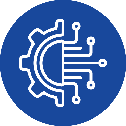 White gear and circuit lines icon on a blue circular background, symbolizing the integration of technology and engineering.