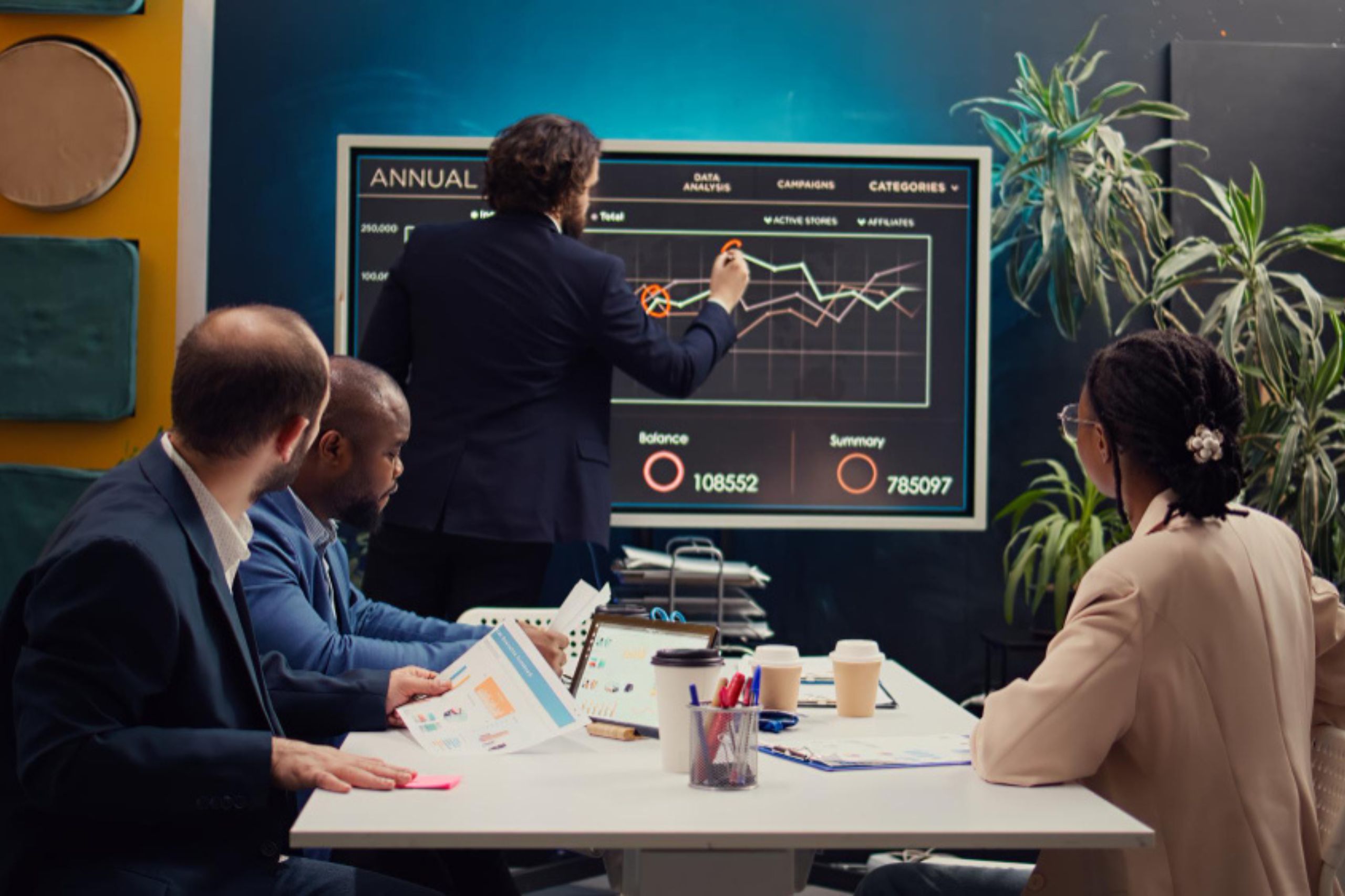 Four people in business attire sit around a table as one person stands and draws on a digital chart displayed on a large screen during a meeting.