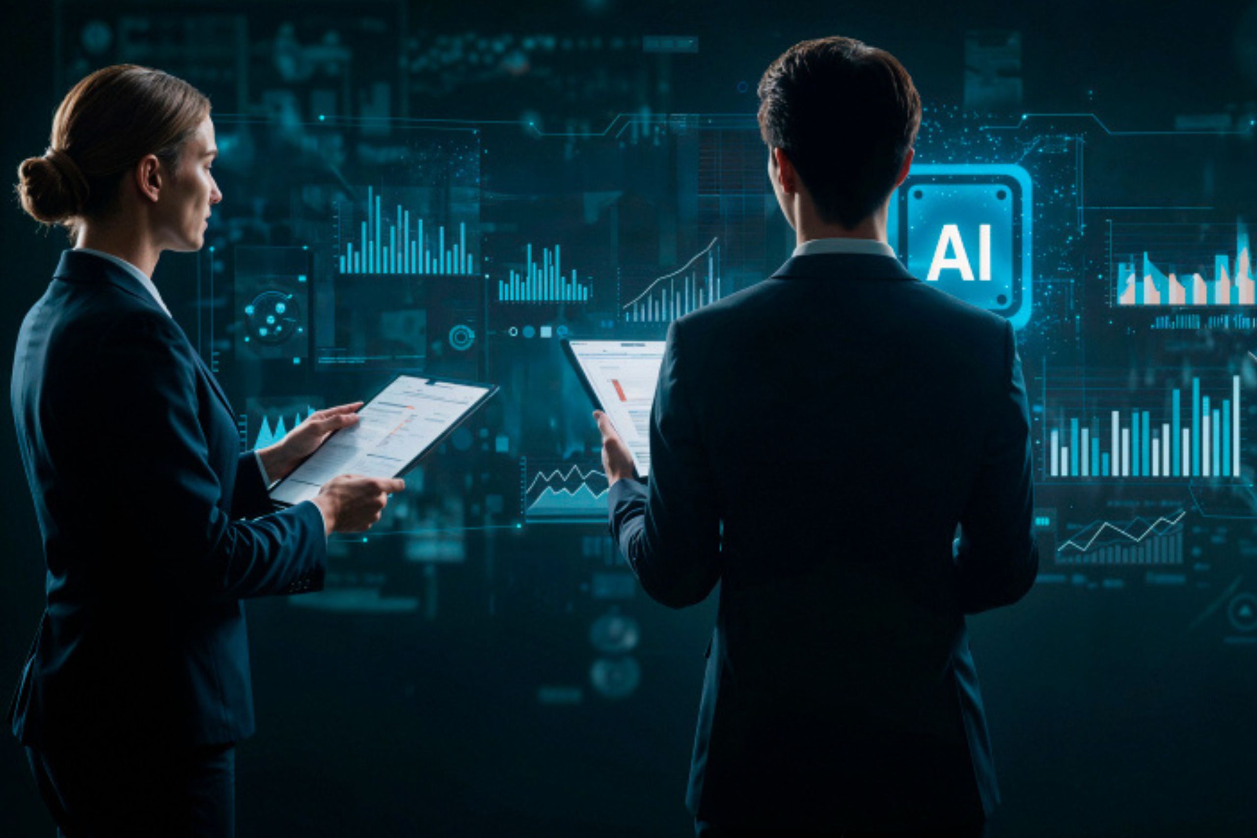 Two business professionals review documents and data on digital tablets, with AI-related graphics and charts displayed on a large screen in the background.