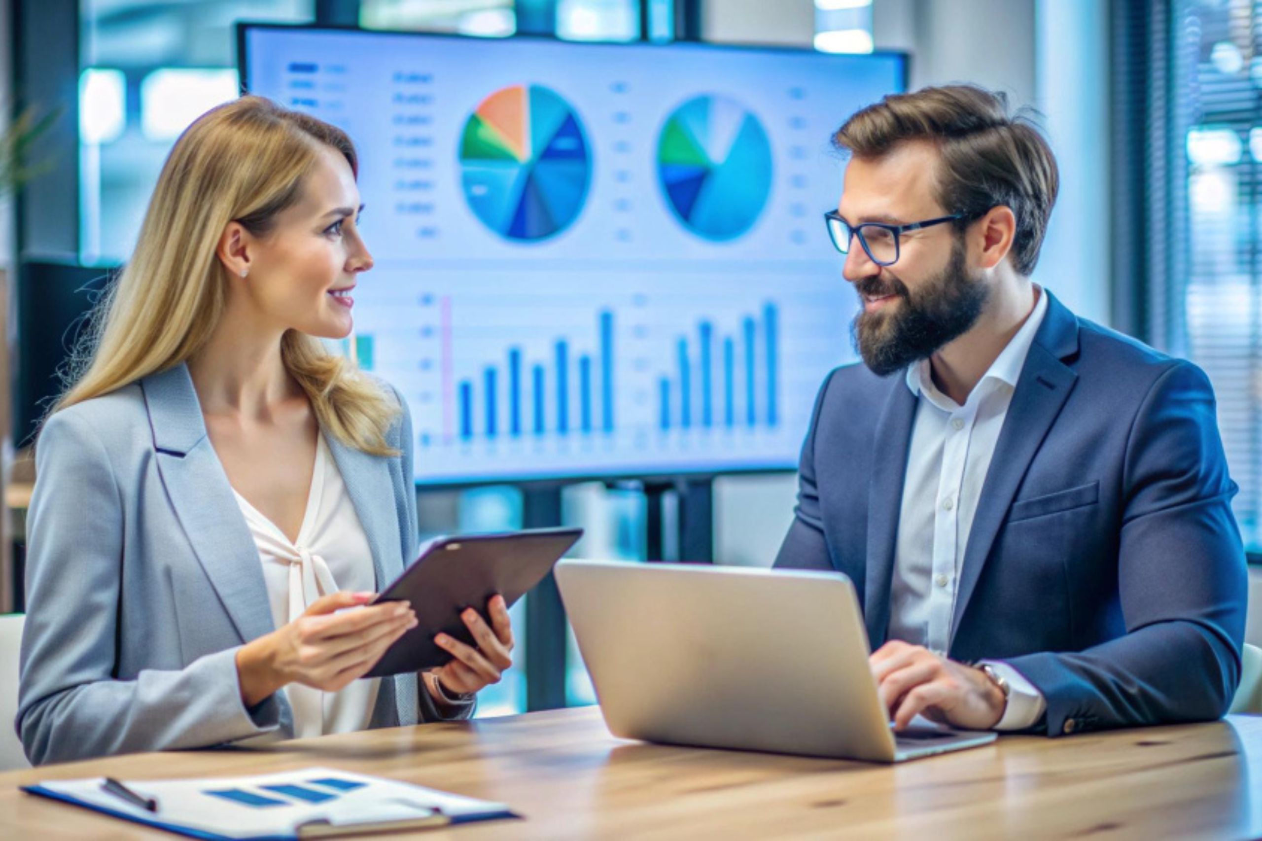 Two business professionals discuss data at a meeting table with a laptop and tablet, with graphs and charts displayed on a large screen in the background.