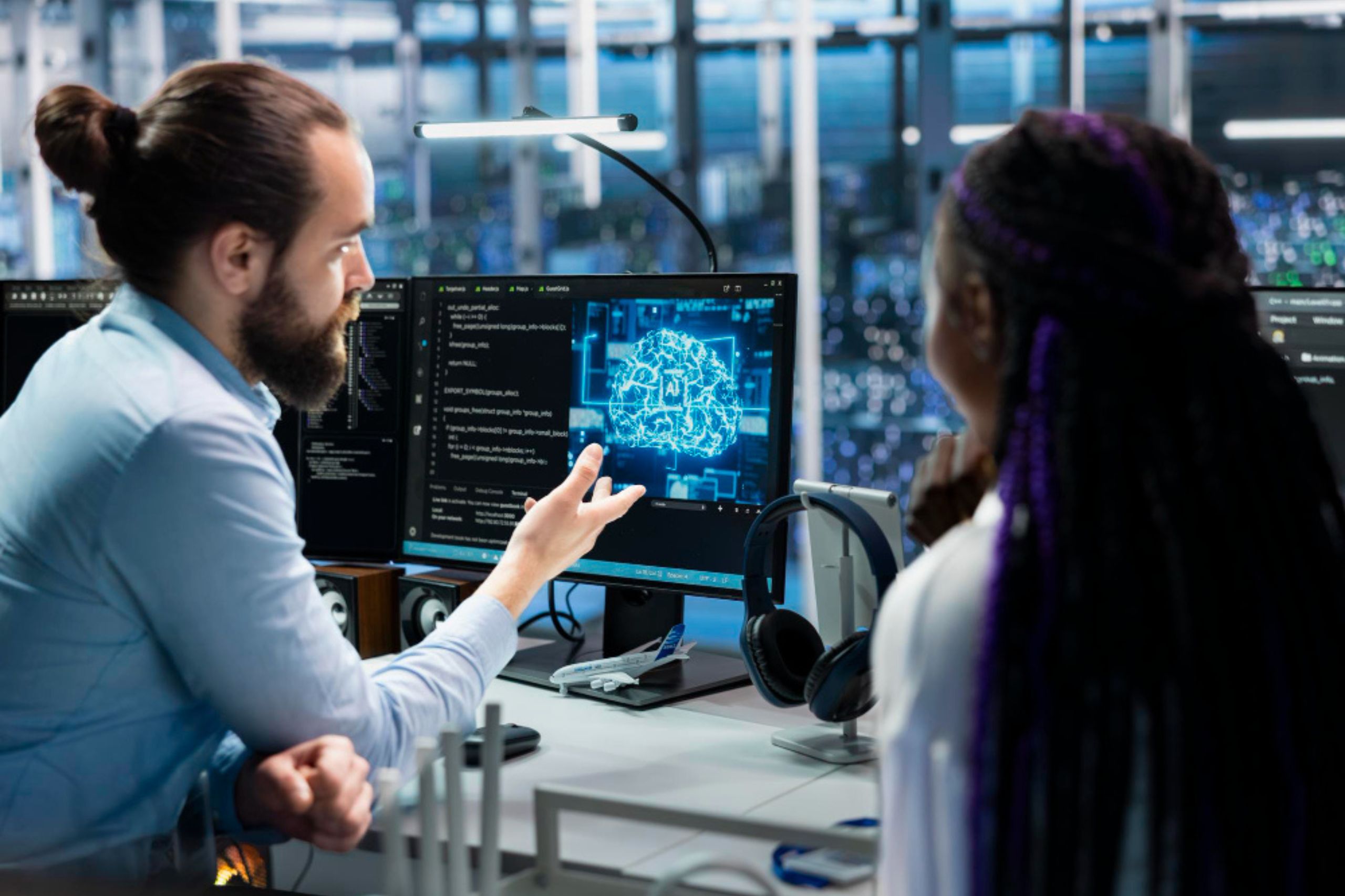 Two people sit at a desk in an office, discussing code and a digital brain image displayed on a computer monitor. Headphones and office equipment are on the desk.