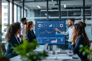 A group of professionals in a modern office discusses financial charts and data displayed on a large digital screen during a meeting.