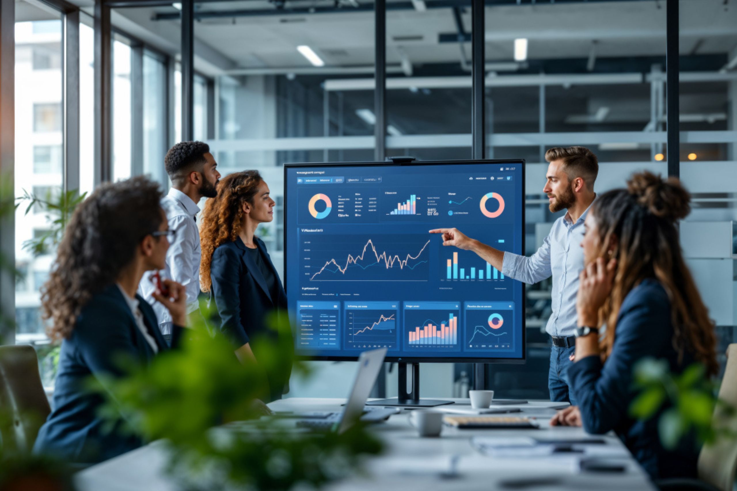 A group of professionals in a modern office discusses financial charts and data displayed on a large digital screen during a meeting.