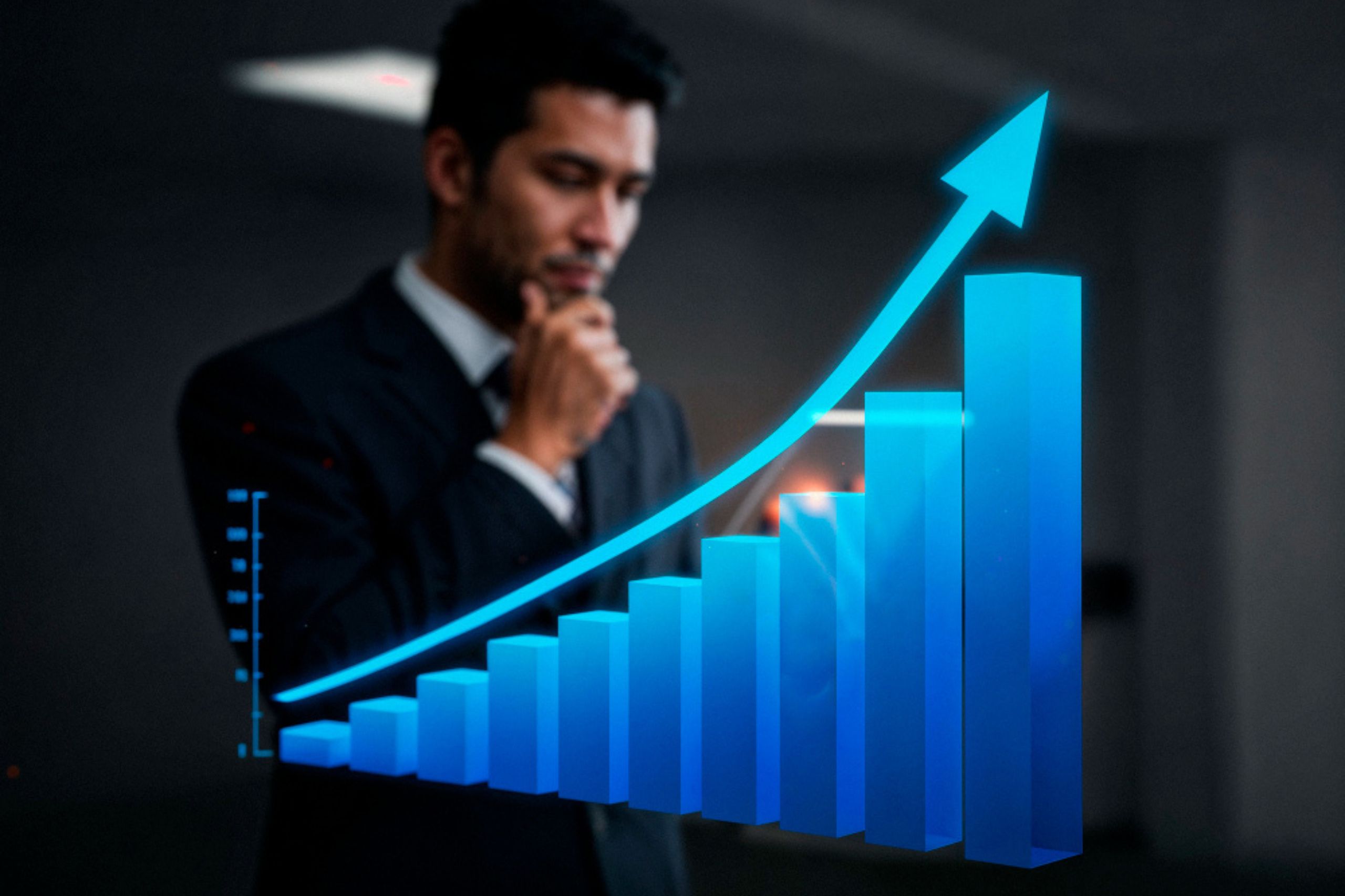 A man in a suit looks thoughtfully at a rising bar graph with an upward arrow, symbolizing growth or business success.