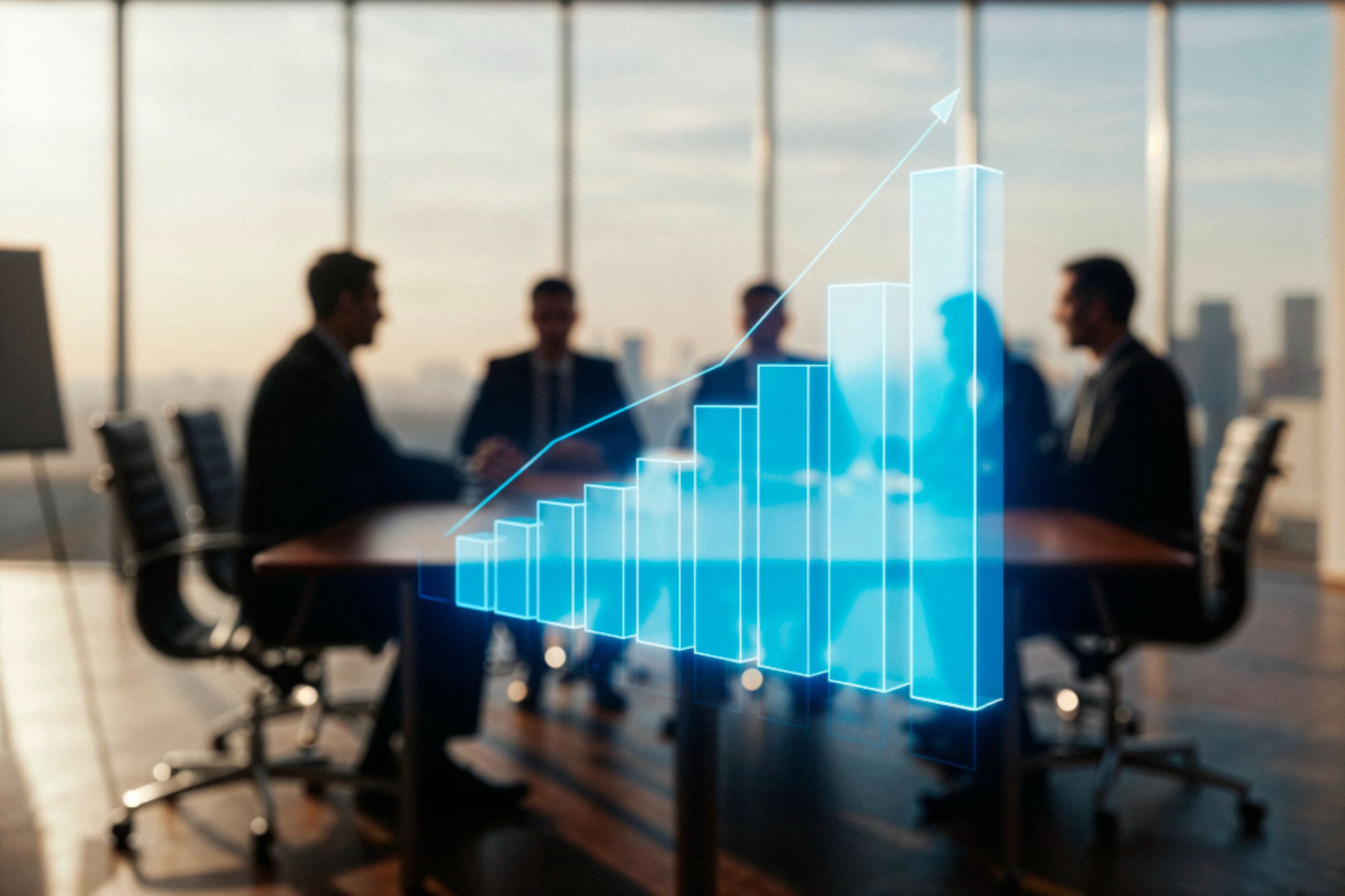 A group of people in an office meeting room with large windows, with a digital upward-trending bar graph superimposed in the foreground.