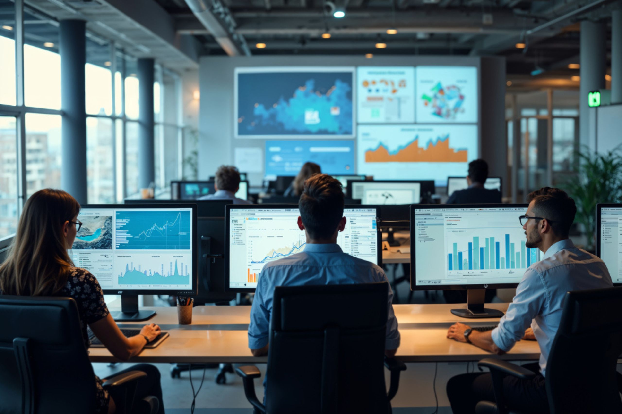 People working at desks with multiple computer monitors displaying financial charts and data in a modern office, with large screens showing analytics on the wall.