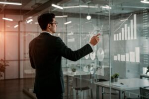 A man in a suit analyzes financial charts and graphs on a transparent screen in a modern office setting.