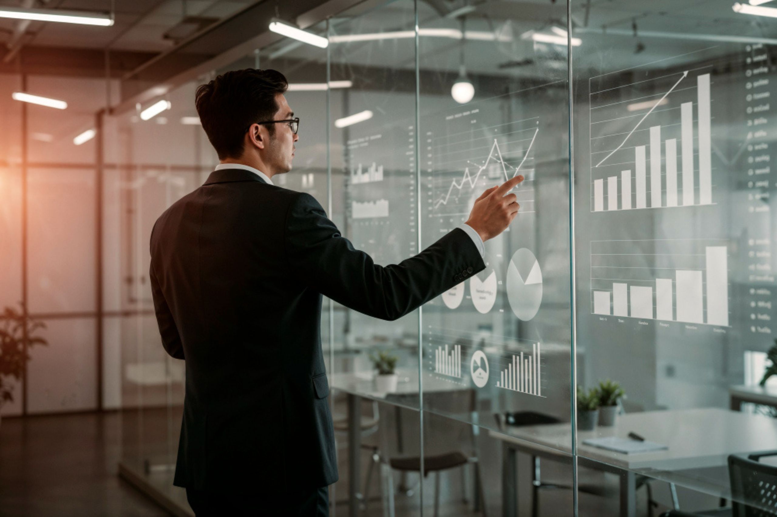 A man in a suit analyzes financial charts and graphs on a transparent screen in a modern office setting.