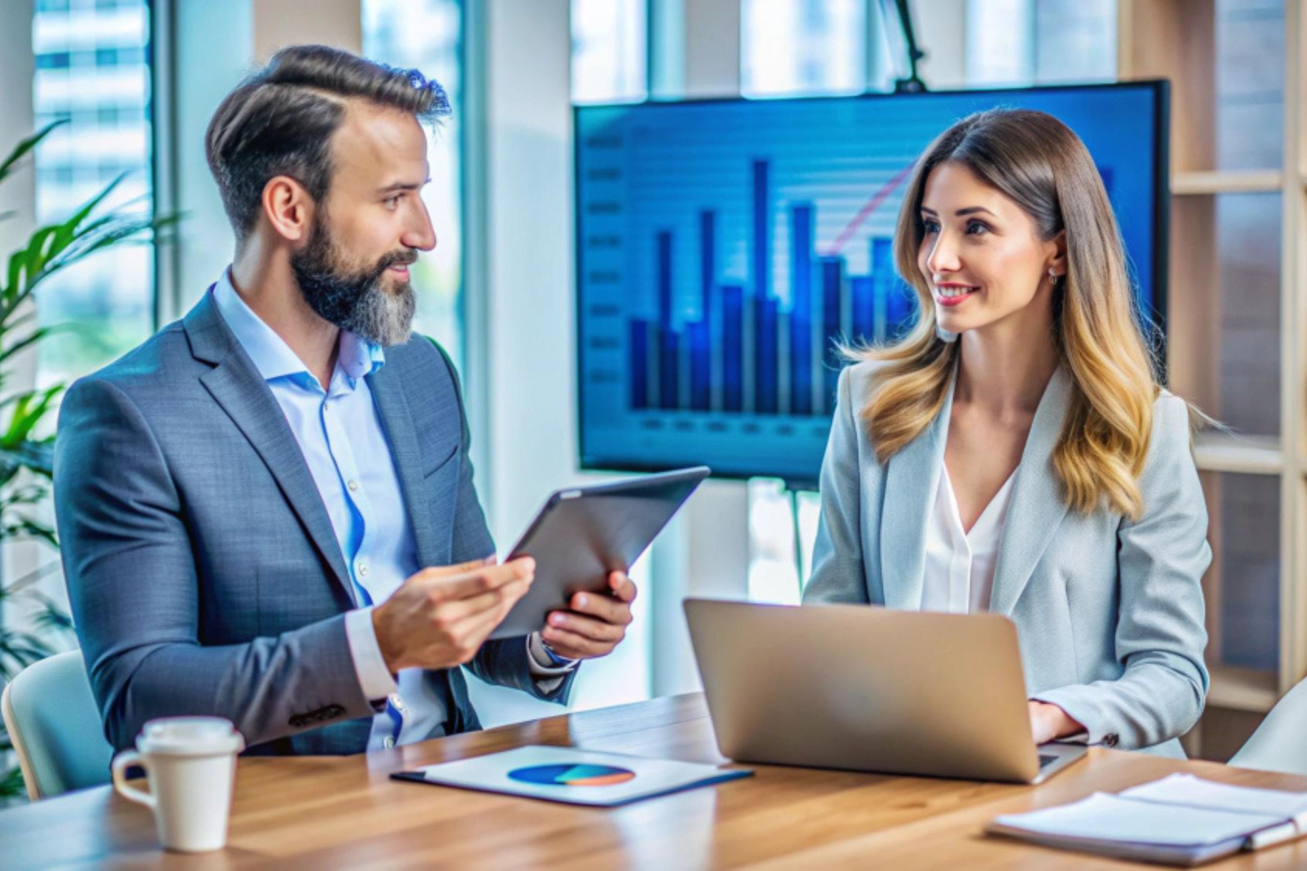 Two professionals in business attire discuss data at a desk with a laptop and tablet, with a large screen showing a bar chart in the background.