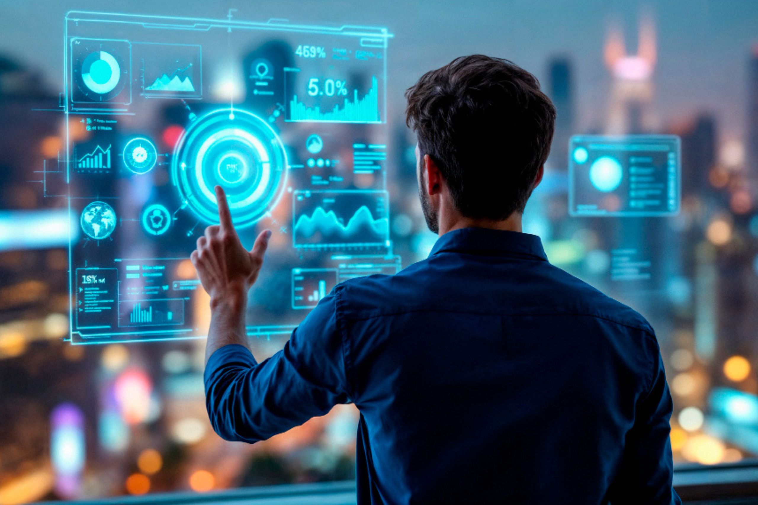 A man interacts with a transparent digital screen displaying data charts and graphs, with a cityscape visible in the background.